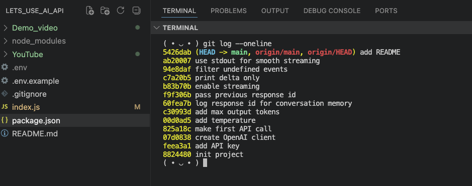 Node.js client code calling the OpenAI Responses API with streaming enabled