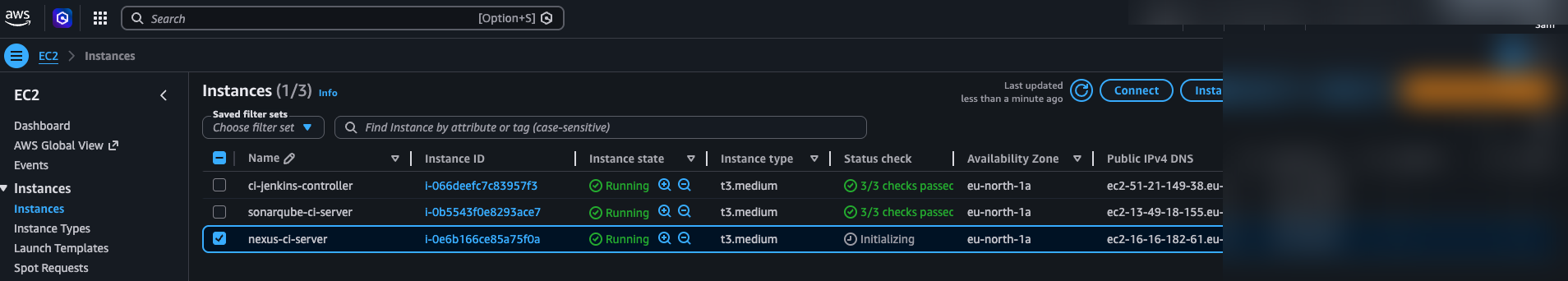 AWS EC2 instances for Jenkins, SonarQube, and Nexus
